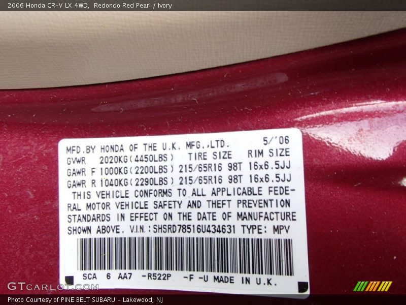 2006 CR-V LX 4WD Redondo Red Pearl Color Code R522P