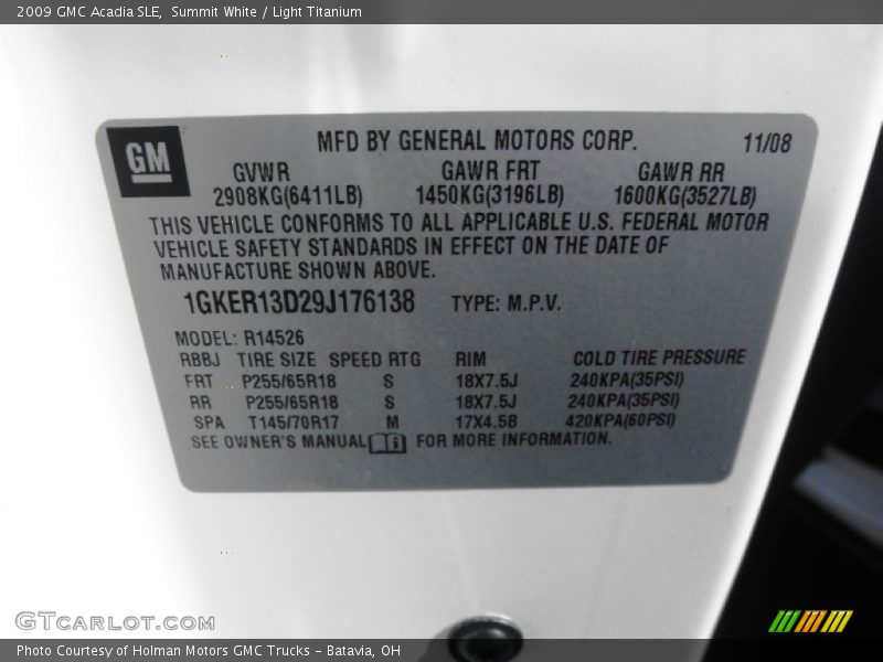 Summit White / Light Titanium 2009 GMC Acadia SLE