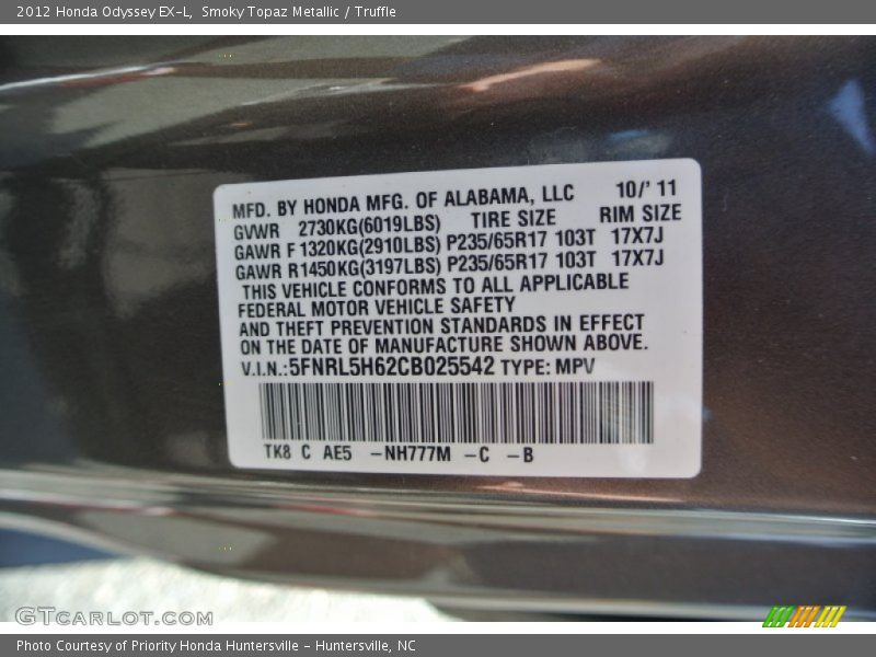 Smoky Topaz Metallic / Truffle 2012 Honda Odyssey EX-L