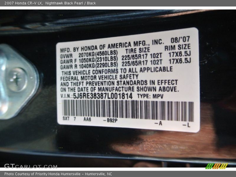 2007 CR-V LX Nighthawk Black Pearl Color Code B92P