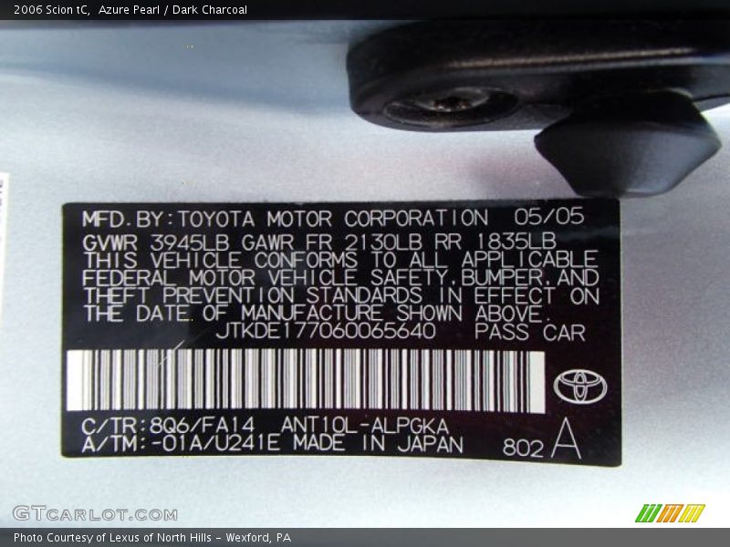 Azure Pearl / Dark Charcoal 2006 Scion tC