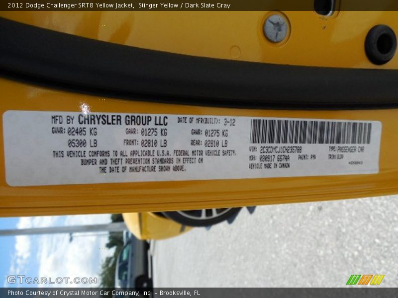 Stinger Yellow / Dark Slate Gray 2012 Dodge Challenger SRT8 Yellow Jacket
