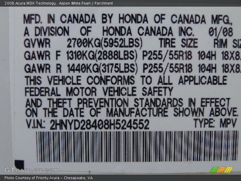 Aspen White Pearl / Parchment 2008 Acura MDX Technology