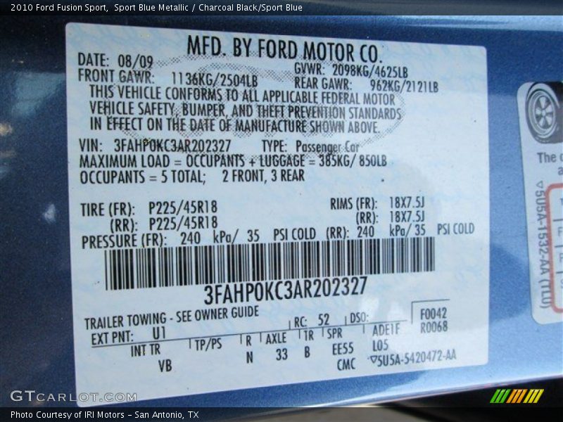 Sport Blue Metallic / Charcoal Black/Sport Blue 2010 Ford Fusion Sport