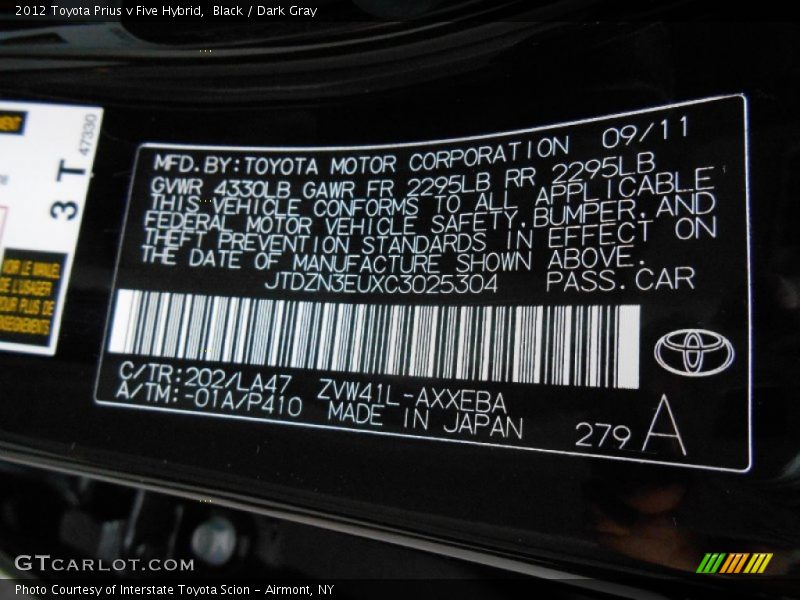 Black / Dark Gray 2012 Toyota Prius v Five Hybrid