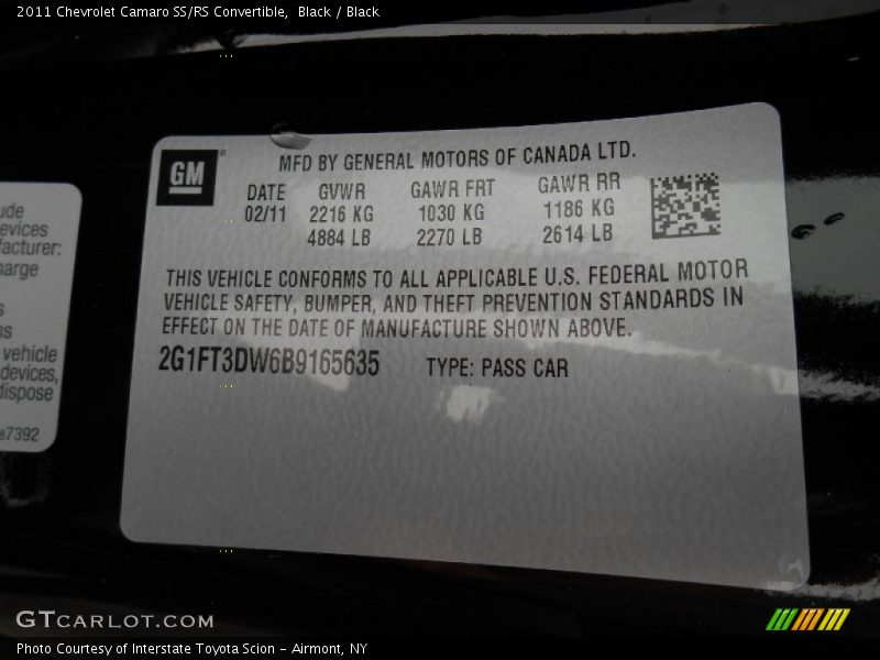 Info Tag of 2011 Camaro SS/RS Convertible