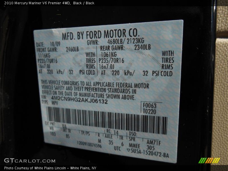 Black / Black 2010 Mercury Mariner V6 Premier 4WD