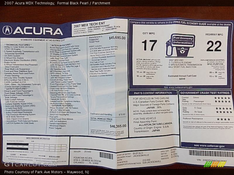 Formal Black Pearl / Parchment 2007 Acura MDX Technology