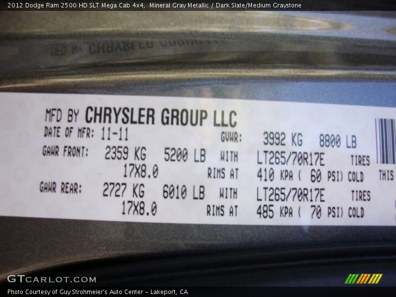 Mineral Gray Metallic / Dark Slate/Medium Graystone 2012 Dodge Ram 2500 HD SLT Mega Cab 4x4