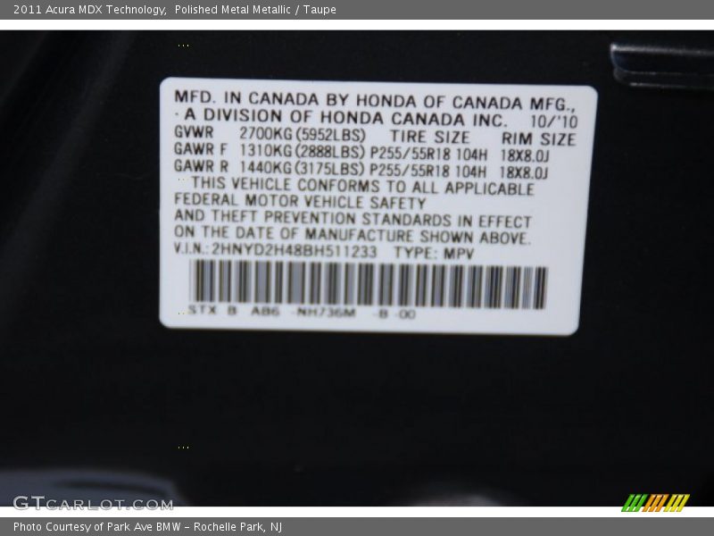 Polished Metal Metallic / Taupe 2011 Acura MDX Technology