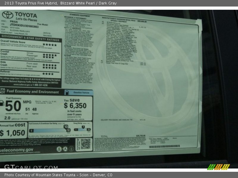 Blizzard White Pearl / Dark Gray 2013 Toyota Prius Five Hybrid
