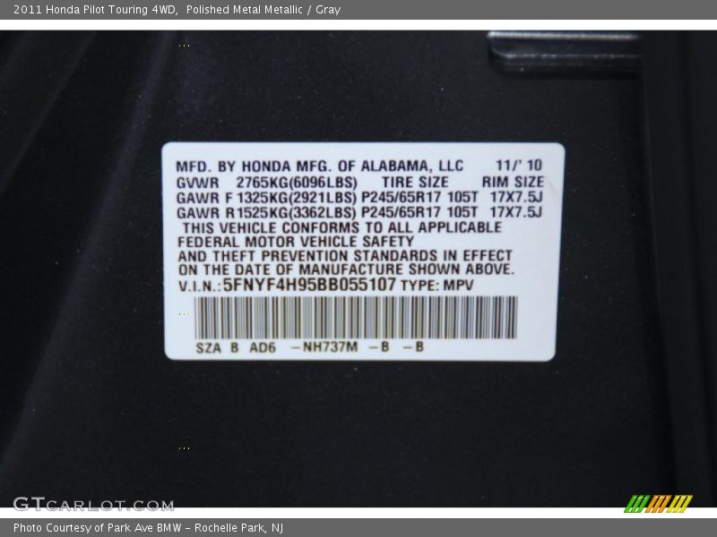 Polished Metal Metallic / Gray 2011 Honda Pilot Touring 4WD
