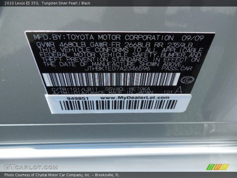 Tungsten Silver Pearl / Black 2010 Lexus ES 350