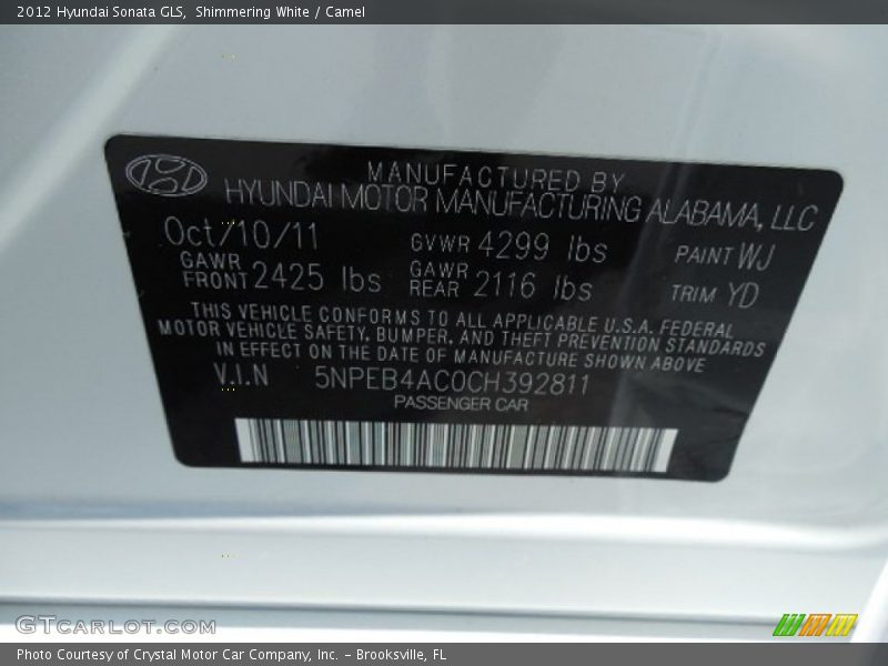 Shimmering White / Camel 2012 Hyundai Sonata GLS