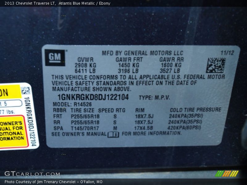 Atlantis Blue Metallic / Ebony 2013 Chevrolet Traverse LT