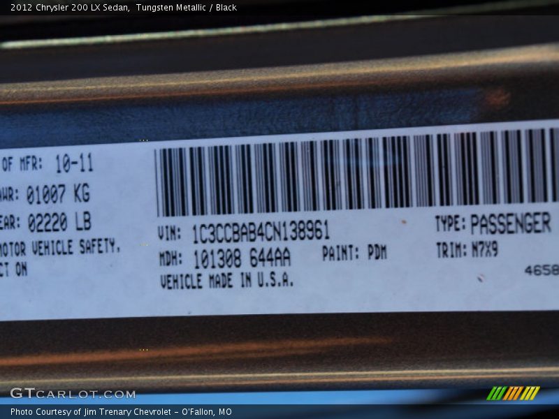 Tungsten Metallic / Black 2012 Chrysler 200 LX Sedan