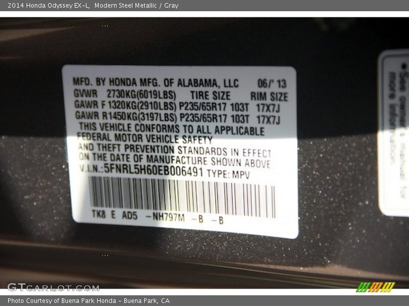 Modern Steel Metallic / Gray 2014 Honda Odyssey EX-L