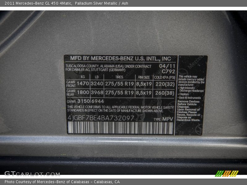 Palladium Silver Metallic / Ash 2011 Mercedes-Benz GL 450 4Matic