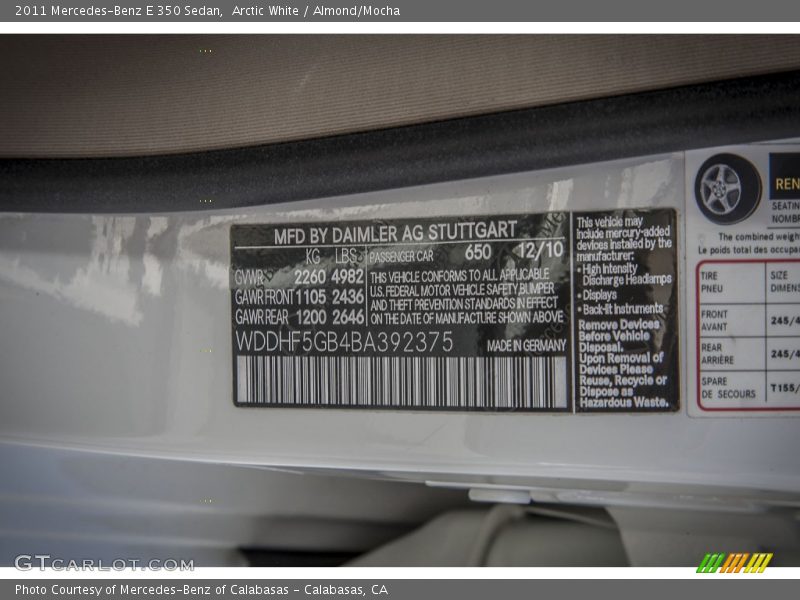 Arctic White / Almond/Mocha 2011 Mercedes-Benz E 350 Sedan