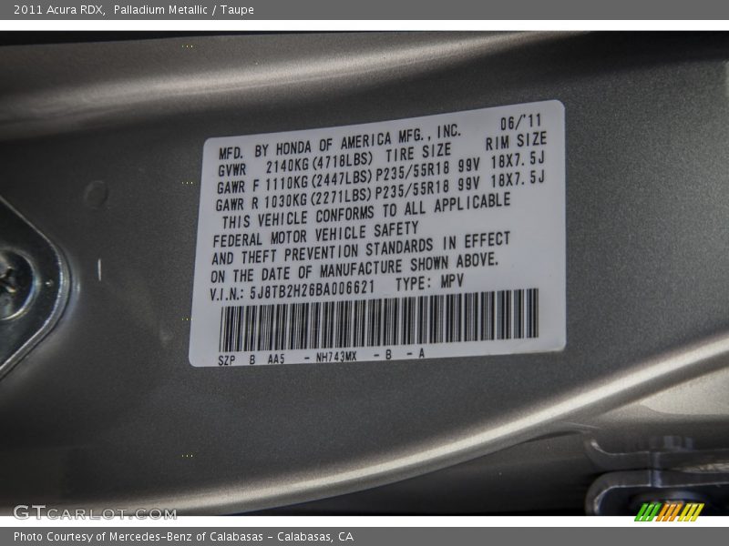 2011 RDX  Palladium Metallic Color Code NH743MX
