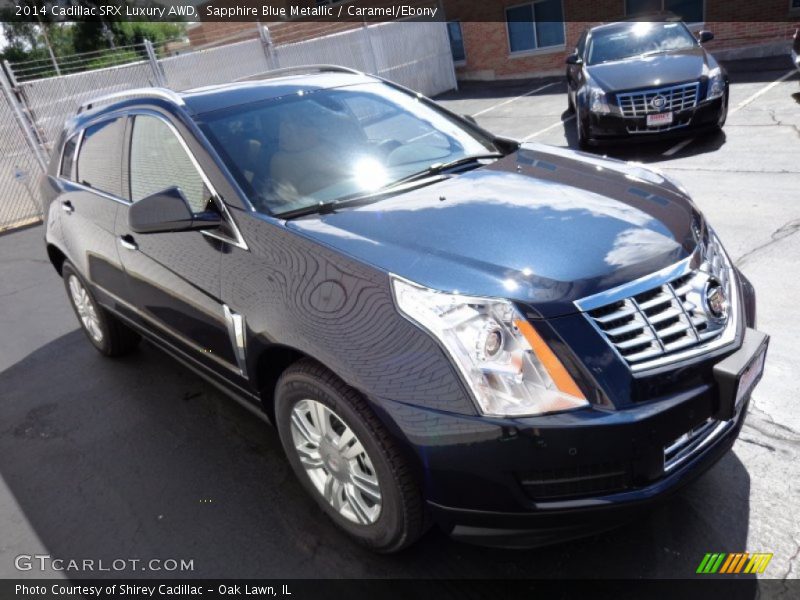 Sapphire Blue Metallic / Caramel/Ebony 2014 Cadillac SRX Luxury AWD