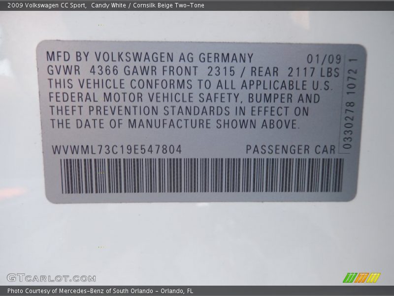 Candy White / Cornsilk Beige Two-Tone 2009 Volkswagen CC Sport
