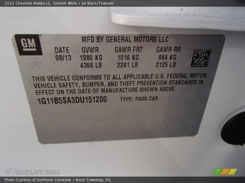 Summit White / Jet Black/Titanium 2013 Chevrolet Malibu LS