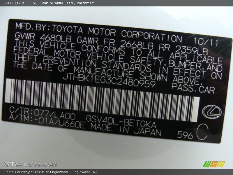 Starfire White Pearl / Parchment 2012 Lexus ES 350