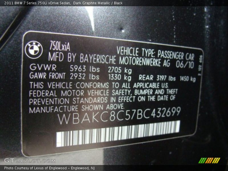 Dark Graphite Metallic / Black 2011 BMW 7 Series 750Li xDrive Sedan