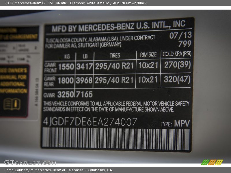 2014 GL 550 4Matic Diamond White Metallic Color Code 799