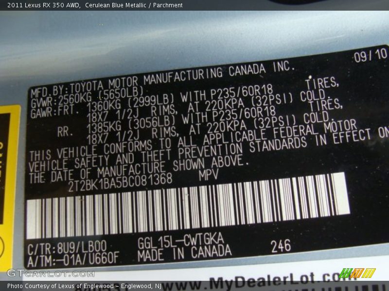 Cerulean Blue Metallic / Parchment 2011 Lexus RX 350 AWD