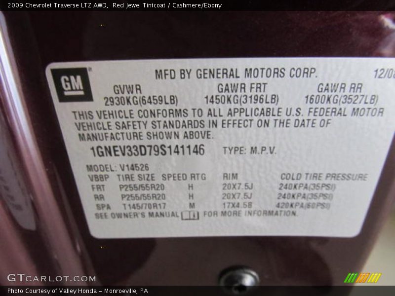 Red Jewel Tintcoat / Cashmere/Ebony 2009 Chevrolet Traverse LTZ AWD