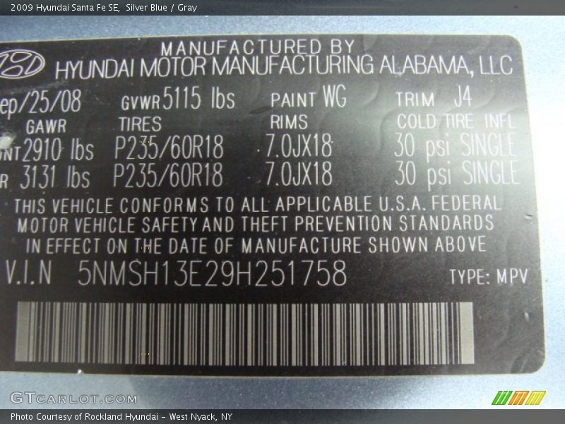 Silver Blue / Gray 2009 Hyundai Santa Fe SE