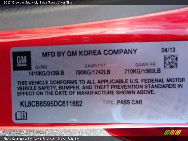 Salsa (Red) / Silver/Silver 2013 Chevrolet Spark LS