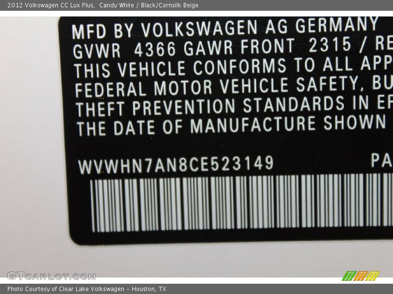 Candy White / Black/Cornsilk Beige 2012 Volkswagen CC Lux Plus
