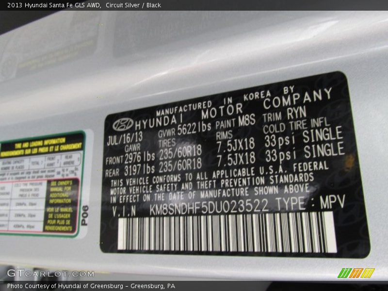 2013 Santa Fe GLS AWD Circuit Silver Color Code M8S