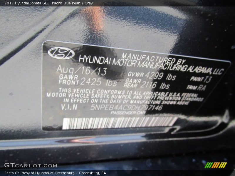Pacific Blue Pearl / Gray 2013 Hyundai Sonata GLS
