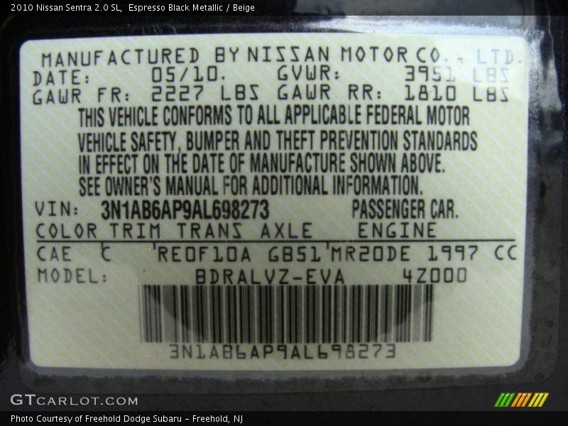 Espresso Black Metallic / Beige 2010 Nissan Sentra 2.0 SL