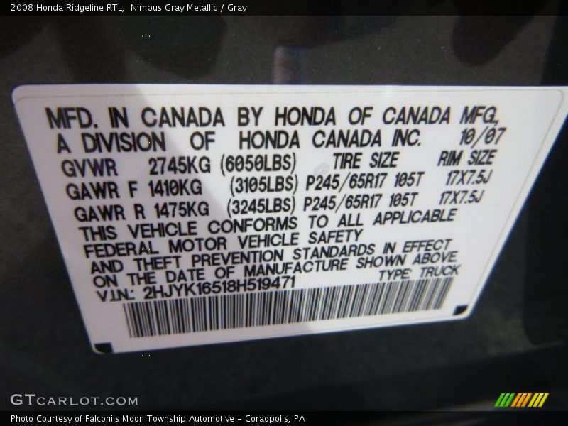 Nimbus Gray Metallic / Gray 2008 Honda Ridgeline RTL