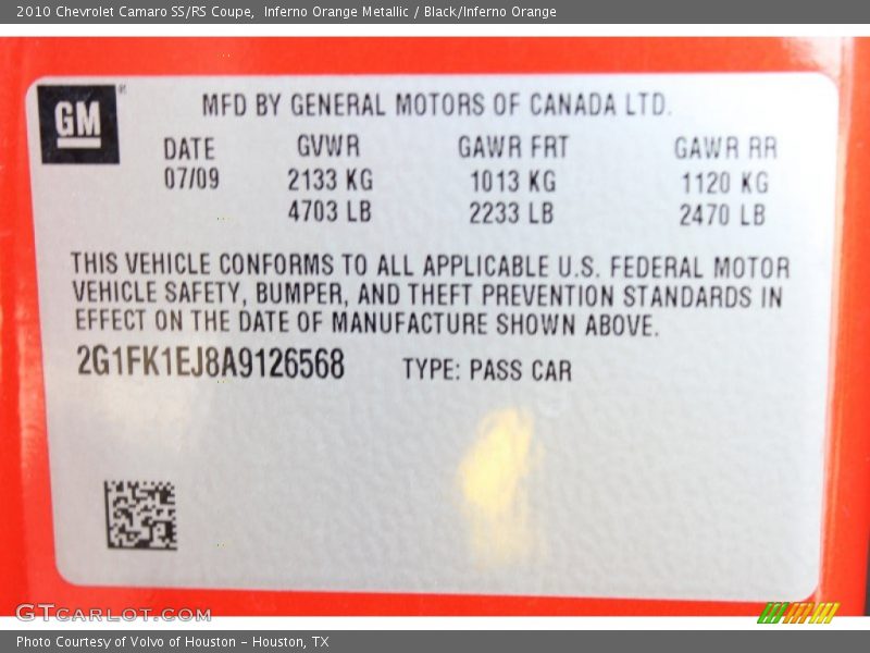 Info Tag of 2010 Camaro SS/RS Coupe