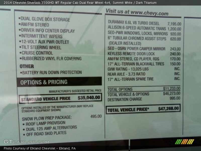  2014 Silverado 3500HD WT Regular Cab Dual Rear Wheel 4x4 Window Sticker