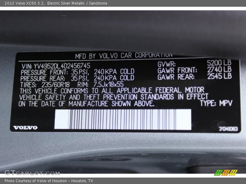 Electric Silver Metallic / Sandstone 2013 Volvo XC60 3.2