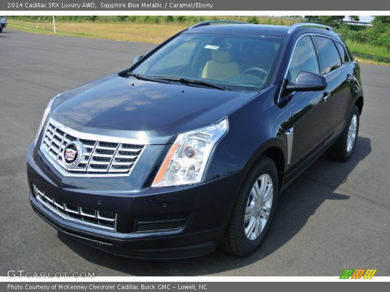 Sapphire Blue Metallic / Caramel/Ebony 2014 Cadillac SRX Luxury AWD