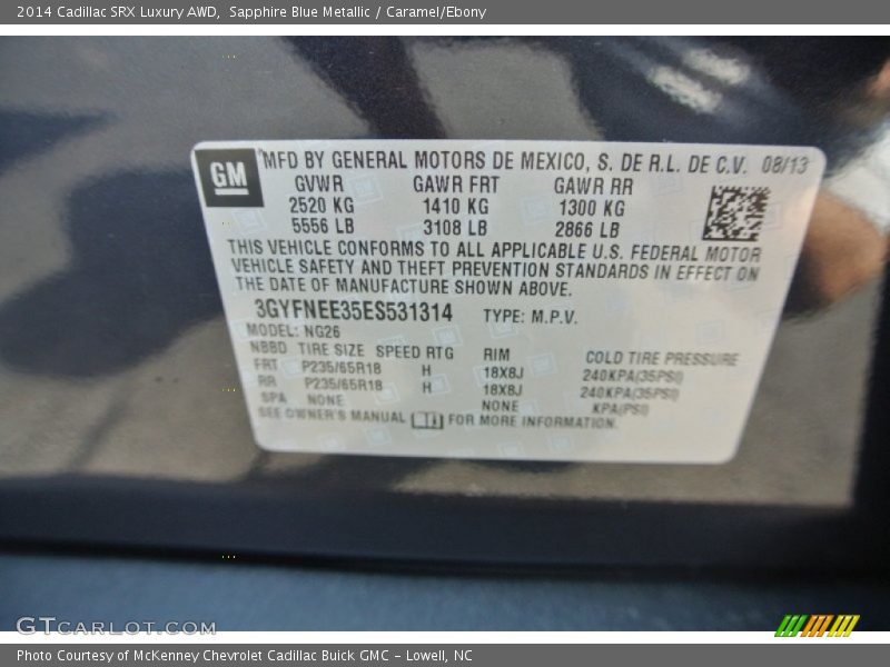 Sapphire Blue Metallic / Caramel/Ebony 2014 Cadillac SRX Luxury AWD