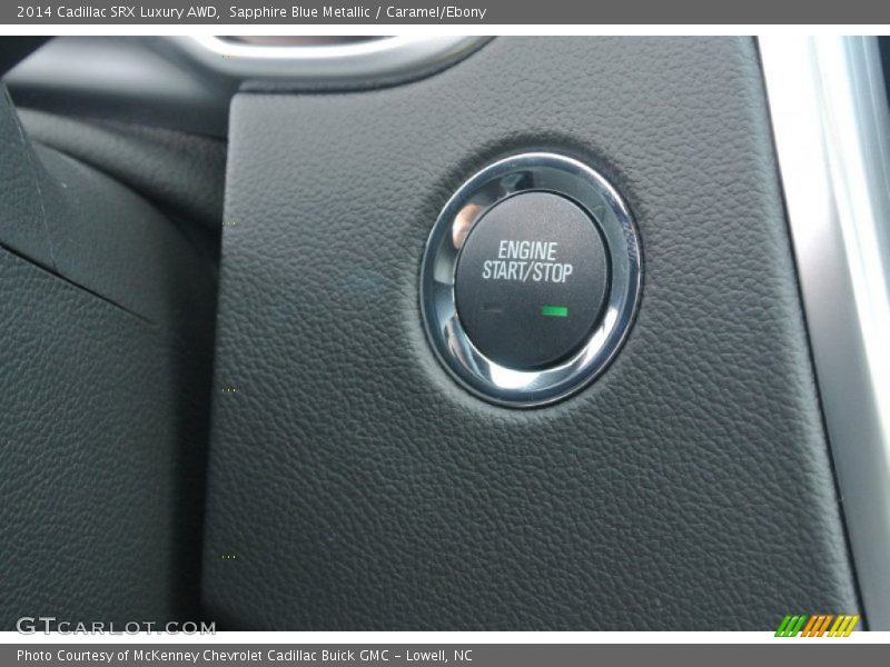 Sapphire Blue Metallic / Caramel/Ebony 2014 Cadillac SRX Luxury AWD
