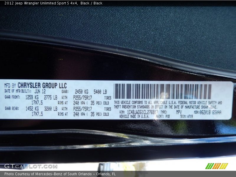 Black / Black 2012 Jeep Wrangler Unlimited Sport S 4x4