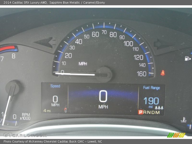 Sapphire Blue Metallic / Caramel/Ebony 2014 Cadillac SRX Luxury AWD