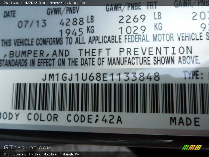 2014 MAZDA6 Sport Meteor Gray Mica Color Code 42A