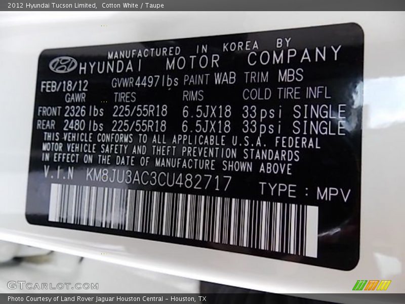 Cotton White / Taupe 2012 Hyundai Tucson Limited