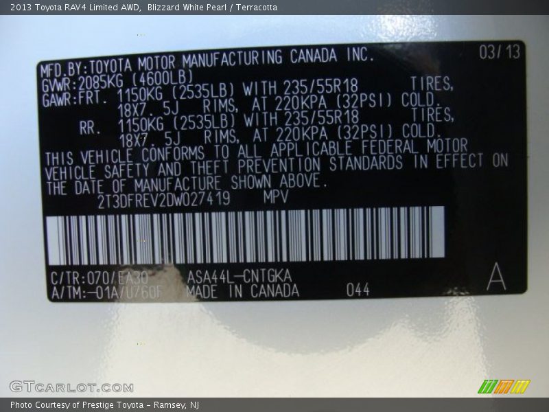 Blizzard White Pearl / Terracotta 2013 Toyota RAV4 Limited AWD